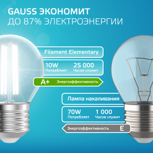 Лампа светодиодная филаментная LED 10 Вт 670 лм 4100К шар P45 нейтральный E27 AC 220В прозрачная колба Elementary 52220