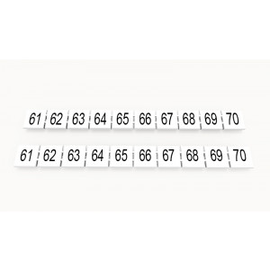ZB10-10P-19-33Z(H), Маркировочные шильдики для клемм WS…, DC…, PC…, сечением 10 мм кв., центральная, 10 шильдиков нанесенные символы: 61-70, с вертикальным расположением, размер шильдика: 9,3х10,7 мм, цвет белый