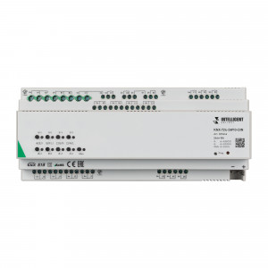 KNX-724-SW10-DIN, Релейный модуль 24-ти канальный для KNX систем. Установка на DIN рейку. Возможно использование как простого релейного модуля, так и в качестве контроллера штор/жалюзи. Возможность ручного управления. Напряжение питания DC 21-30V от шины данных.