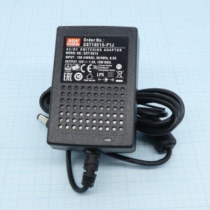 GST18E15-P1J, AC-DC, 18Вт, вход 85...264B AC 47...63 Гц,, выход 15B/1.2A, изоляция 3000В AC, 79x54x33мм, -30...+70°С, выходной разъем 11, диам. 5.5х2.1мм