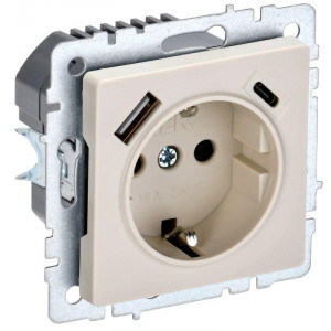 Розетка BRITE РЮш11-1-БрКр 16А с USB A+C 18Вт с заземл. защ. шторки беж. BR-R14-16-U22-018-K10