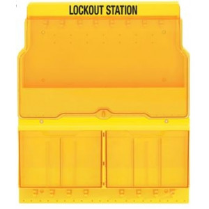 gwrB106, Станция блокировочная пластиковая закрытая, 16 держателей для замков, 3 отсека для блокираторов и 2 кармана для бирок, поликарбонат, 574х680х108 мм, цвет – желтый, 1 шт/упак