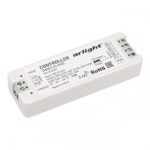 Контроллер SMART-K1-RGB (12-24V, 3x3A, 2.4G) 022497, Контроллер для светодиодной RGB ленты (ШИМ). Питание/рабочее напряжение 12-24VDC, максимальный ток 3A на канал, 3 канала, максимальная мощность 108-216W. Винтовые клеммы. Корпус - PVC. Габариты 97x33x18 мм. Управляется пультами и панелями серии SMART (пос