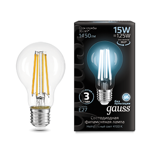 Лампа Gauss Filament А60 15W 1450lm 4100К Е27 LED 1/10/40 [102902215]