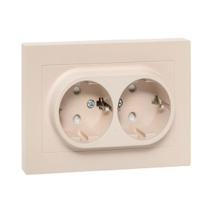 Механизм розетки двойной, 16А, с заземлением, со шторками, с рамкой, кремовый Эпика EKF UP1-SOI-211