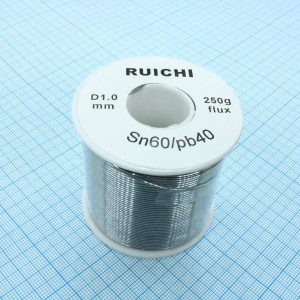 Припой SN60/PB40 1,0мм 250гр  с флюсом, Припой трубчатый ПОС-60 с канифолью, d 1,0мм, 250 г