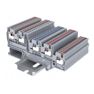 Клемма для датчиков TPIO1.5-S-4-LR24, Клемма для подключения датчиков, +/-/сигнал, красный светодиод, 4 точки подключения, тип фиксации провода: Push-in, номинальное сечение: 1,5 мм кв., 13,5A, 250V, ширина: 3,5 мм, цвет: серый, тип монтажа: DIN35