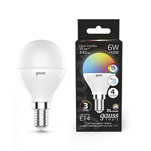 Лампа Smart LED Шар G45 6W E14 RGBW+dim 1/10/100 105101406