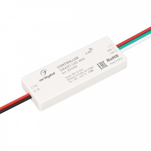 Контроллер SMART-UNI-MIX (12-24V, 2x2.5A, 2.4G) 031608, Контроллер для мультибелой (MIX) светодиодной ленты (ШИМ). Питание/рабочее напряжение 12-24VDC, максимальный ток 2.5A на канал, 2 канала, максимальная мощность 60-120W. Корпус - PVC. Габариты 64x23.5x8.5 мм. Управляется пультами и панелями серии SMART (по