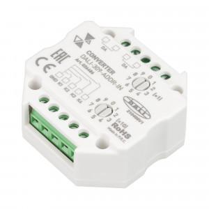 INTELLIGENT ARLIGHT Конвертер DALI-309-ADDR-IN (DALI bus) 026486, Управляется внешними настенными выключателями. Питание по шине DALI, выход - сигнал DALI, 4 адреса. Ручное выставление первого адреса. Размер 51х51х22 мм.