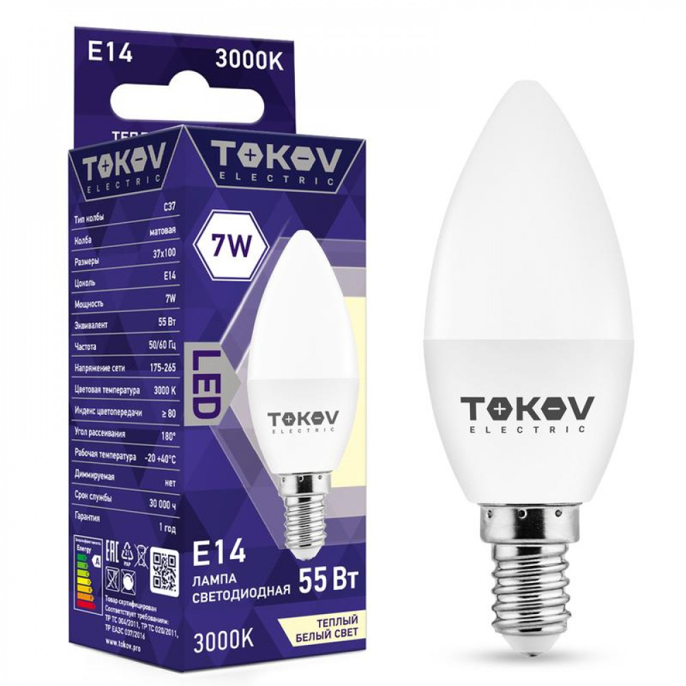 Изображение товара Светодиодная лампа 7Вт С37 Е14 3000К TOKOV ELECTRIC TKE-C37-E14-7-3K