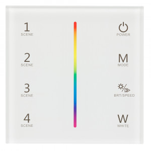 Панель Sens SMART-P22-RGBW White (12-24V, 4x3A, 2.4G) 025168, Встраиваемая сенсорная стеклянная панель 2.4 ГГц, цвет белый. Для управления светодиодными RGBW источниками света (ШИМ). Управление цветом с помощью сенсорной полосы. Работает в режиме master/slave и может выполнять функцию независимого контроллера. Питан