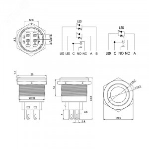 A22-A1-250V с зеленой подсветкой, Кнопка антивандальная с подсветкой 250В d22 5A 250B (6c) (ON)-OFF/(OFF)-ON