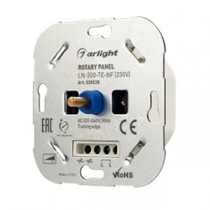 Панель роторная LN-500-TE-NF (230V) 038228, Встраиваемая роторная панель. Для управления одноцветными источниками света (TRIAC). Управление яркостью с помощью роторного вращателя. Работает в режиме Trailing Edge, диммирование по заднему фронту. Не требует подключения N провода.