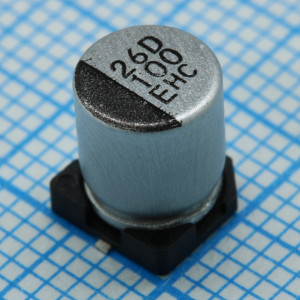 HHXC250ARA101MF80G, Полимерный гибридный алюминиевый конденсатор 100мкФ 25В ±20%( 6.3 X 7.7мм) для поверностного монтажа 0.03Ом 1400мА 4000час 125°C лента на катушке