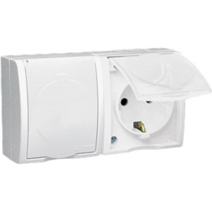 Розетка 2-м ОП 5 16А IP54 250В с заземл. Schuko защ. шторки с крышкой винт. клеммы бел. 1594443-030