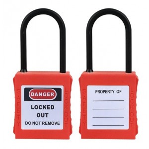 gwr005DN38RED, Замок блокировочный с тонкой нейлоновой дужкой, дисковый цилиндр, высота дужки – 38 мм, диаметр дужки – 4 мм, сварной корпус из ABS-пластика, размеры корпуса – 45х40х20 мм, цвет – красный, 1 шт/упак