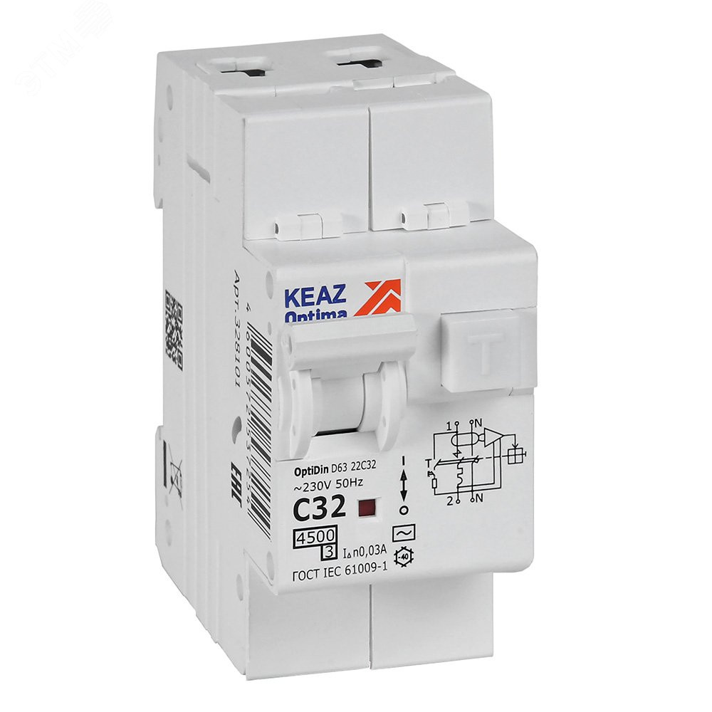Изображение товара Автоматический дифференциальный выключатель OptiDin D63-22C32-AC-У3 32А 30мА для DIN-рейки