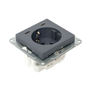 Механизм розетки с USB-C - 2шт, 16А, с заземлением, со шторками, графит Эпика EKF UP1-SOG-111-2USBC