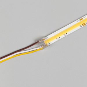 Коннектор COB-MIX-10mm-3pin-STW 046948, Одиночный коннектор для подключения питания к открытым светодиодным MIX лентам COB шириной 10 мм. Материал - прозрачный пластик. Обеспечивает соединение без видимых разрывов. Максимальный допустимый ток 3 А, максимальное напряжение 24 В