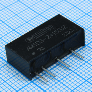 AM1DS-2415SJZ, DC/DC, 1Вт, вход 21.6…26.4В, выход 15В/0.007…0.067А, изоляция 1500В DC, КПД 81%, максимальная емкостная нагрузка не более 560мкФ, SIP7, 19.65x6x10.16мм, -40…105°C, пластик