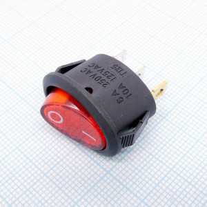 DAV R/3P ON-OFF   КРАСНЫЙ, Клавишный переключатель 6А, 250В, ON-OFF (SPST),  красный/чёрный, клавиша - Овал, тип С (вогнутая), подсветка - Неоновая, 250 В, уст. разм. - 13,5х22,6 (по форме) мм