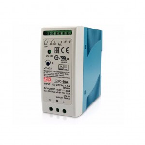 DRC-60A, AC-DC с функцией UPS, 60Вт, вход 90...264В АС/127...370В DC, выход 1: 13.8В/0…4.3 (2.8 ном.) А, выход зарядного устройства 13.8В/1.5А, изоляция 3000В АС, в корпусе 40х90х100мм, -30...+70°