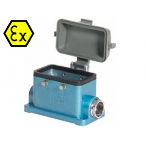 Закрытое основание разъема EX 70.342.0628.9, Основание разъема на панель, закрытое, типоразмер 6B, взрывозащита, с уплотнителем, 1 кабельный ввод PG16, IP54, с боковым расположением, без защелок (упоры для двух защелок), с пластиковой защитной крышкой, материал корпуса: цинковый сплав