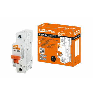 Автоматический выключатель ВА47-60 1Р 20А 6кА х-ка В SQ0223-0011