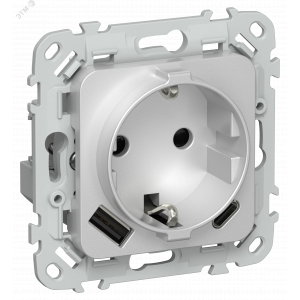 FLITE Розетка 1-местная с заземлением с защитными шторками 16А с USB A+C 20Вт безвинтовое крепление РСЮшс11-1-ФлА алюминий IEK FI-R14-16-1-U22-020-K47