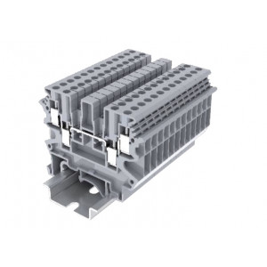 Проходная клемма 303941, Проходная клемма, 4 точки подключения, тип фиксации провода: винтовой, номинальное сечение: 2,5 мм кв., 24A, 500V, ширина: 5,2 мм, цвет: серый, тип монтажа: DIN35