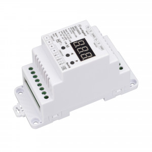 Декодер SMART-K23-DMX512-DIN (12-24V, 3x6A) 027126, Декодер DMX512 для трансляции DMX512 сигнала ШИМ(PWM) устройствам. Питание 12-24VDC. 3 канала, ток нагрузки 3x6A, мощность нагрузки 216-432W. Входной сигнал DMX512, выходной сигнал ШИМ(PWM). Цифровой дисплей на корпусе, адрес устанавливается с помощью кно