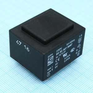 BV EI 307 3847, Трансформатор питания 1.8ВА 230В 2x9В/2x100мА ta 70 C/F (EI 30/11.5)22.1мм