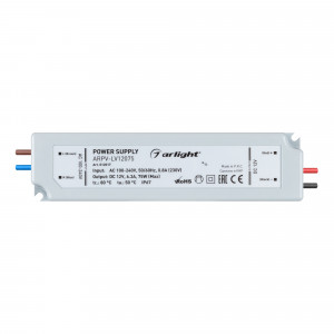 Блок питания ARPV-LV12075 (12V, 6.3A, 75W) 012017, Источник напряжения с гальванической развязкой для светодиодных изделий. Входное напряжение 100-240 VAC. Выходные параметры: 12 В, 6,3 А, 75 Вт. Встроенный PFC >0,5. Герметичный пластиковый корпус IP 67. Рабочая температура -20…+50C?. Габаритные размеры д