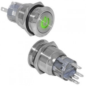 LAS1-AGQ-11ZDT/G/N ON-ON, Кнопка антивандальная металлическая с фиксацией с символьной подсветкой зеленого цвета, 5А 250В, резьба М19