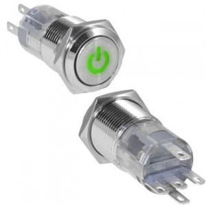 LAS2GQF-11ZDT/G/N ON-ON, Кнопка антивандальная металлическая с фиксацией с символьной зеленой подсветкой, 3А 250В, резьба М16