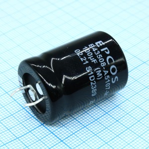 B43508A5107M000, Конденсатор алюминиевый электролитический 100мкФ 450В ±20% (22 X 30мм) защелкиваемые выводы 10мм 1.23Ом 670мА 3000час 105°С автомобильного применения россыпь