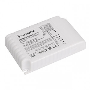 Блок питания ARJ-SP-60-PFC-DALI2-PD (60W, 9-71V, 0.35 -1.05A) 033732, Диммируемый мультитоковый блок питания с управлением DALI 2.0 (диапазон 0.1-100%) с гальванической развязкой. Функция PUSH DIM. Входное напряжение 220-240 VAC. Выходные параметры: 9-71В (350/500/550/650/700/750мA); 9-70В (850мA); 9-66В (900мA); 9-60В (100