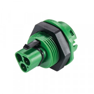 Вилочный разъем в панель RST20I3F S2 M01VH GN02, Вилочный разъем в панель, М25, 3 полюса, тип фиксации провода: пружинный, номинальные характеристики: 250/400V, 20A,цвет корпуса:черный,цвет контактной вставки: зеленый, серия RST Classic