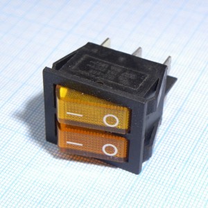 IRS-2101-1A3-Y+Y/B, Переключатель 2х-клавишный с подсветкой 15A 250VAC плоская кнопка желтая + желтая