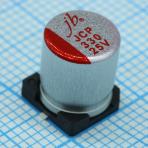 JCP1E331M080090, Полимерный алюминиевый конденсатор 330мкФ 25В ±20% (8х9мм) для поверхностного монтажа 0.045Ом 3500мА 2000час 105°C лента на катушке