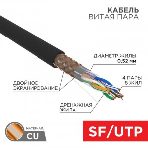 Кабель витая пара  SFTP 4PR 24AWG, внешний экранированный, двойной экран, CAT5e, одножильный, бухта 305м