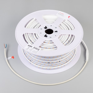 Лента герметичная ARL-PV-B54-15.5mm 230V Warm2700 (8 W/m, IP65, 5060, 50m) 027059(2), Cветодиодная лента AC230V (бобина 50м) ARL-PV-B54, герметичная IP65 (PV-трубка ПВХ экструзия). Светодиоды 5060, 54 шт/м (2700 шт на 50 м), белая плата, ширина 15.5 мм. Цвет ТЁПЛЫЙ 2700 K, цветопередача CRI>90, угол 120°. Питание 230V, мощность 8 Вт/м (400