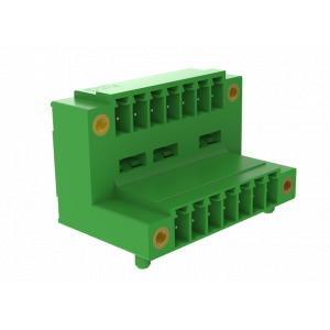 Вилочный разъем на плату MC-DPAB3.81H12-F-0001, Вилочный разъем, 2 этажа, горизонтальный, на плату, шаг: 3.81 мм, 12x2 полюсов, фиксация на плате пайкой, исполнение: с монтажными фланцами, 160V, 8A, цвет: зеленый