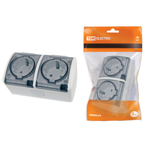 Розетка двойная 2П+3 открытой установки IP54 16А с прозрачной крышкой белая "Селигер" SQ1818-0009