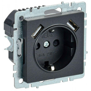 Розетка BRITE РЮш10-2-БрЧ 16А с USB A+A 3.1А с заземл. защ. шторки черн. BR-R14-16-U21-D31-K02