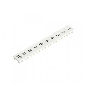 Маркировка для клемм (полоска) M1.580.3600.1, Маркировочные шильдики, для клемм сечением 2,5 мм.кв., боковая / верхняя, 10 шильдиков, нанесенные символы: 1...10, с горизонтальным расположением, размер шильдика: 4,8 x 8,3 мм, цвет: белый