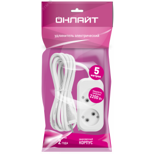Удлинитель бытовой OPE-S-02-500-X-2x1 без заземления 2 розетки 5м ПВС 2х1 2200 Вт 33270