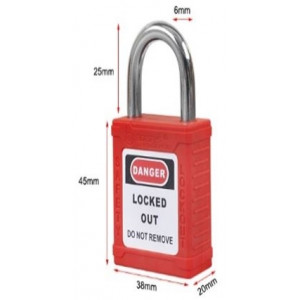 gwr001DS25RED, Замок блокировочный со стальной дужкой, дисковый цилиндр, высота дужки – 25 мм, диаметр дужки – 6.2 мм, нейлоновый корпус, размеры корпуса – 45х38х20 мм, цвет – красный, 1 шт/упак