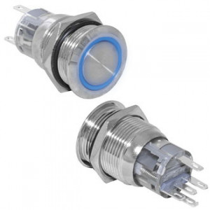 LAS1-AGQ-11E/B/N ON-(ON), Кнопка антивандальная металлическая без фиксации с кольцевой подсветкой синего цвета, 5А 250В, резьба М19